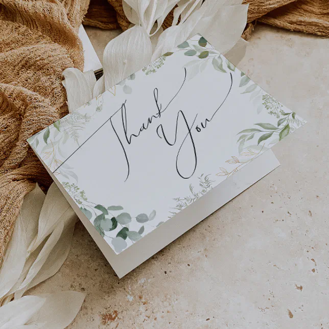 Whimsical Greenery and Gold Folded Thank You Card | Zazzle