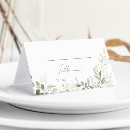 Whimsical Greenery and Gold  Folded Wedding Place Card