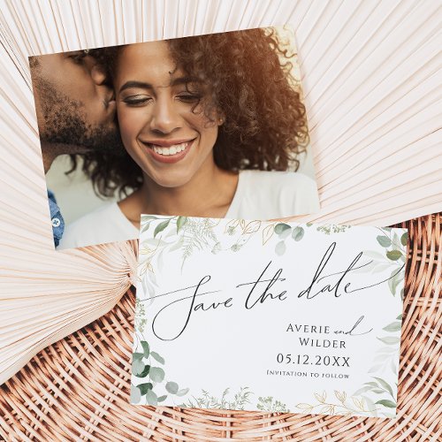 Whimsical Greenery and Gold Horizontal Photo Save The Date