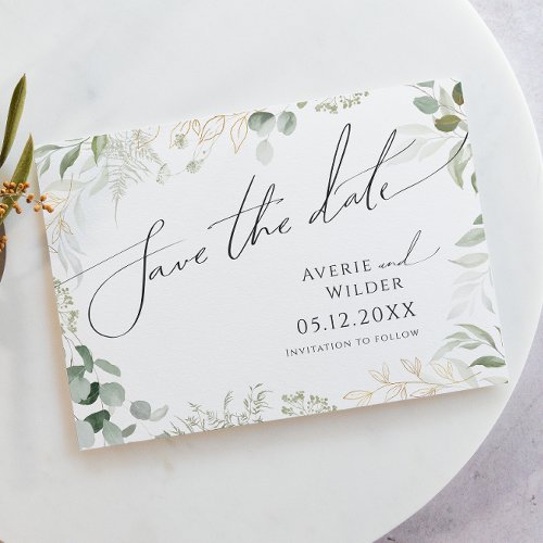 Whimsical Greenery and Gold Horizontal Save The Date
