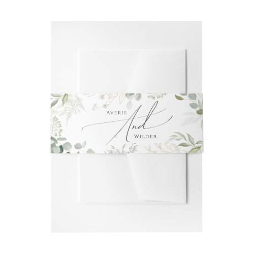 Whimsical Greenery and Gold Invitation Belly Band