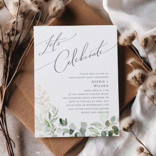 Whimsical Greenery and Gold  Lets Celebrate Invitation