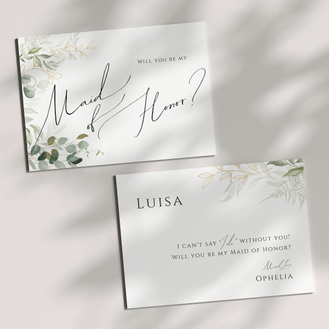 Whimsical Greenery and Gold Maid of Honor Card (Creator Uploaded)