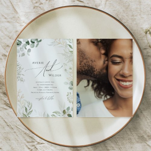 Whimsical Greenery and Gold Photo Casual Wedding Invitation