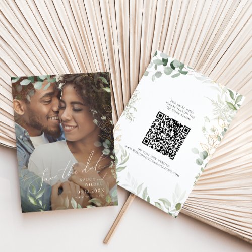 Whimsical Greenery and Gold Photo QR Code Save The Date