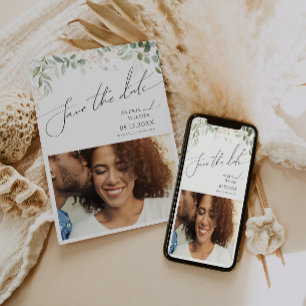 Whimsical Greenery and Gold Photo Save The Date