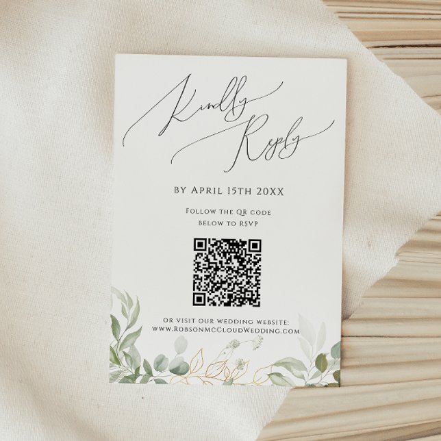 Whimsical Greenery and Gold QR Code RSVP Card (Creator Uploaded)