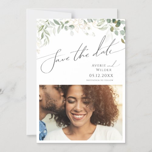 Whimsical Greenery and Gold Save The Date Magnetic Invitation