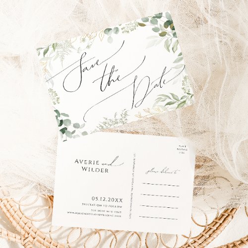 Whimsical Greenery and Gold Save The Date Postcard