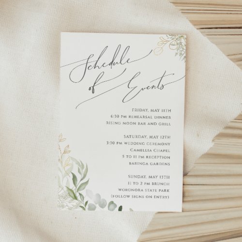 Whimsical Greenery and Gold Schedule of Events Enclosure Card