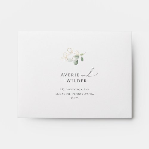 Whimsical Greenery and Gold Self Addressed RSVP Envelope