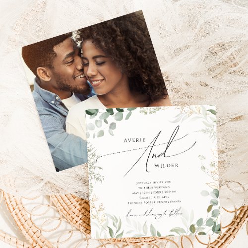 Whimsical Greenery and Gold Square Photo Wedding Invitation