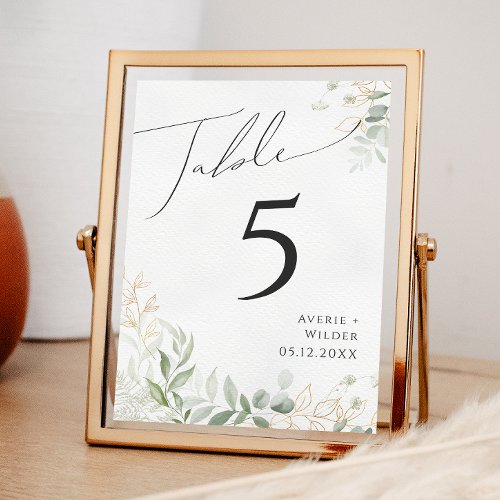Whimsical Greenery and Gold  Table Number
