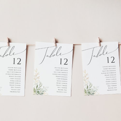 Whimsical Greenery and Gold  Table Number Chart