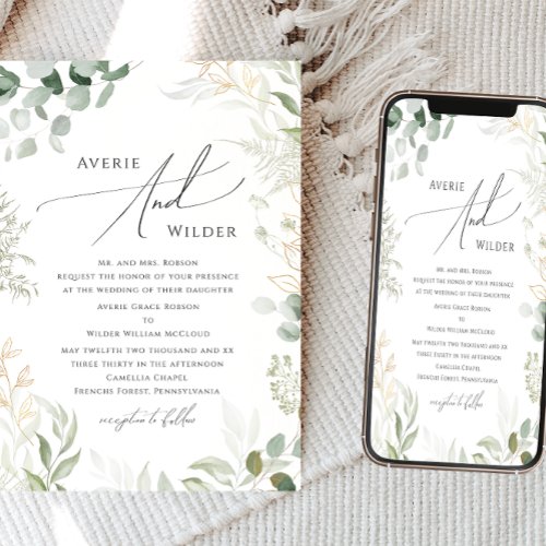 Whimsical Greenery and Gold Traditional Wedding Invitation