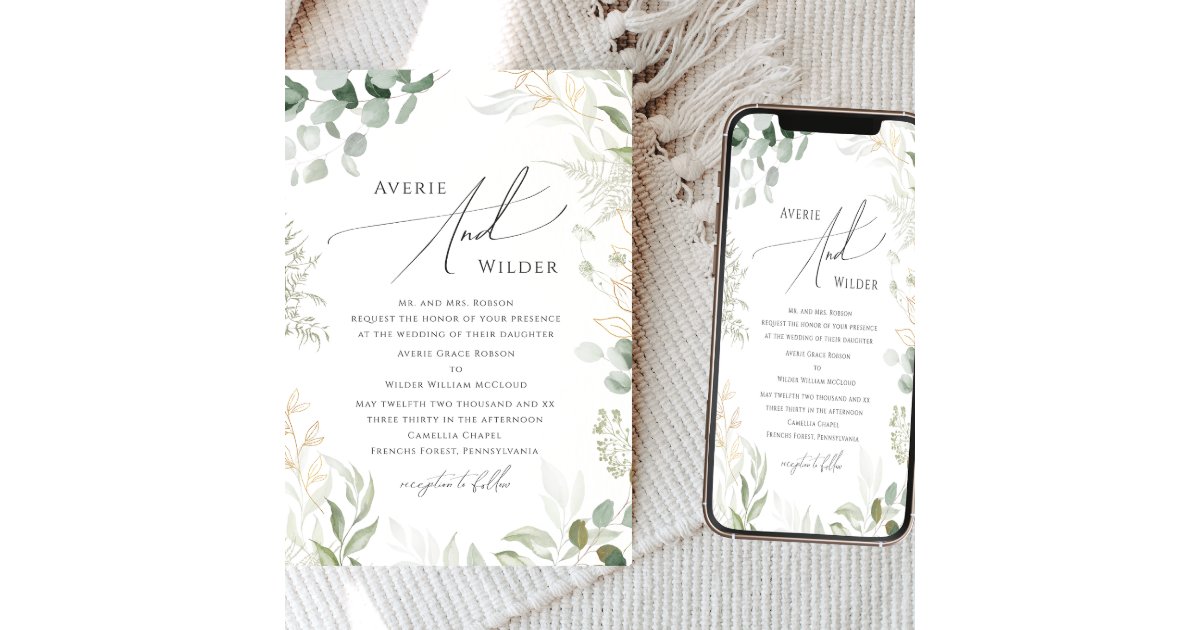 Whimsical Greenery and Gold Traditional Wedding Invitation | Zazzle