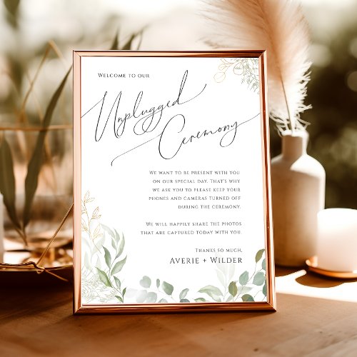 Whimsical Greenery and Gold  Unplugged Ceremony Poster