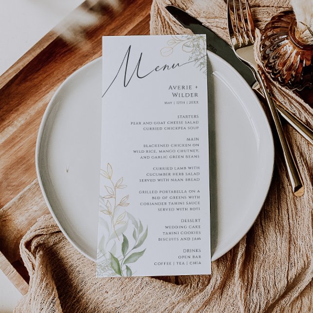 Whimsical Greenery and Gold Wedding Dinner Menu (Creator Uploaded)