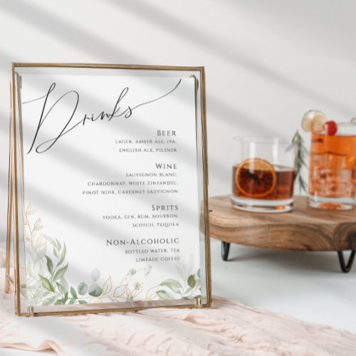 Whimsical Greenery and Gold  Wedding Drinks Menu Poster