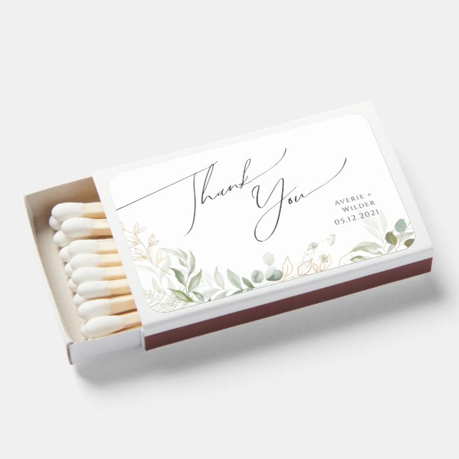 Whimsical Greenery and Gold | Wedding Favor Matchboxes (Front Open)