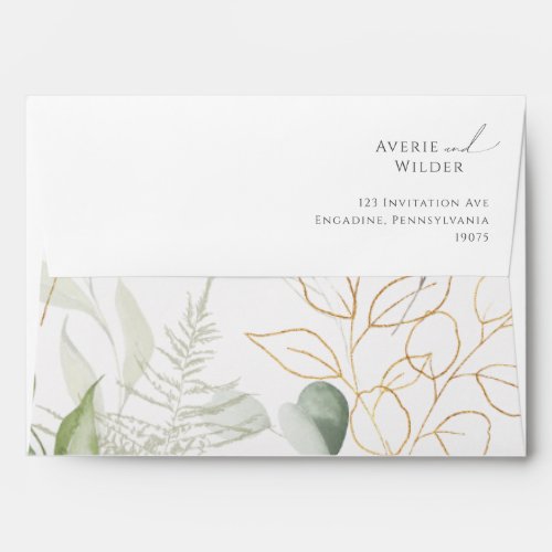 Whimsical Greenery and Gold Wedding Invitation Envelope