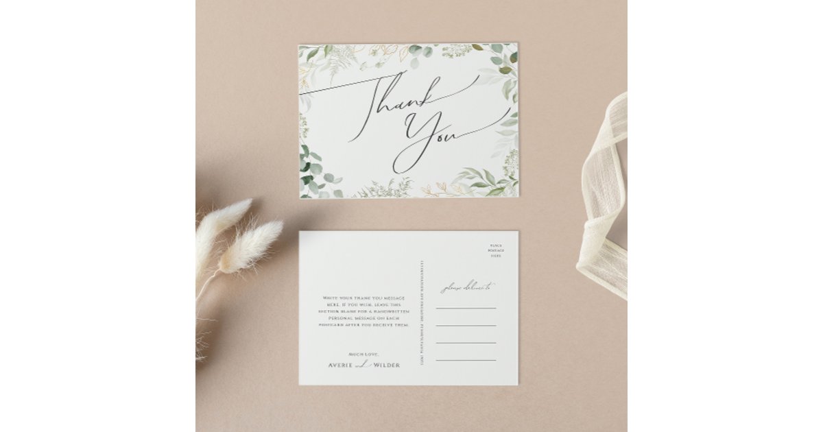 Whimsical Greenery and Gold Wedding Thank You Postcard | Zazzle