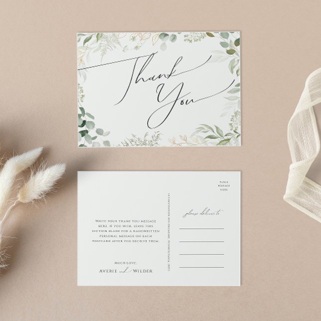 Whimsical Greenery and Gold Wedding Thank You  Postcard (Creator Uploaded)