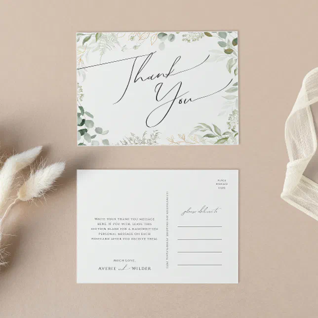 Whimsical Greenery and Gold Wedding Thank You Postcard | Zazzle