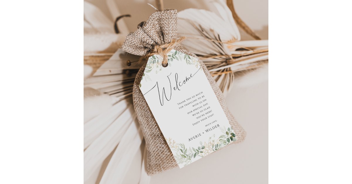 Whimsical Greenery and Gold | Wedding Welcome Gift Tags | Zazzle