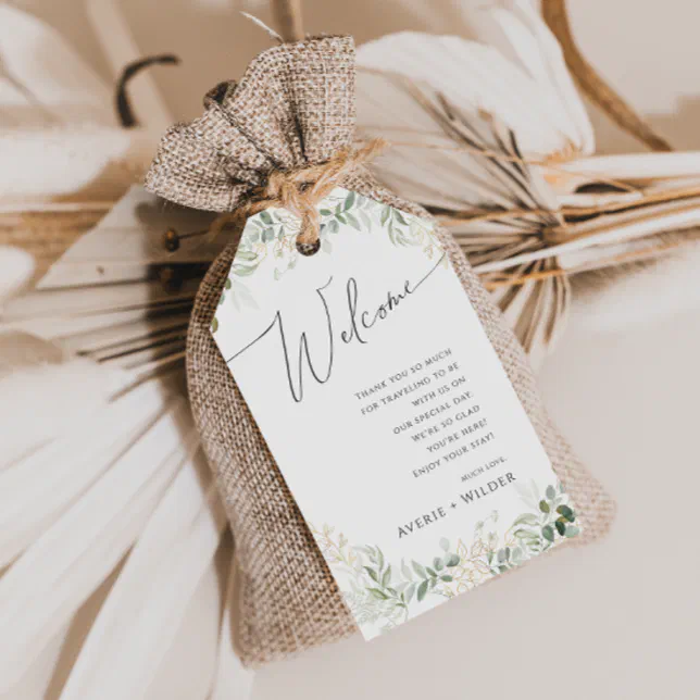 Whimsical Greenery and Gold | Wedding Welcome Gift Tags | Zazzle