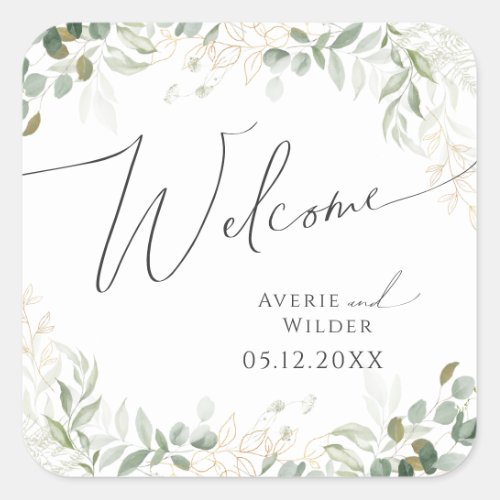 Whimsical Greenery and Gold  Wedding Welcome Square Sticker