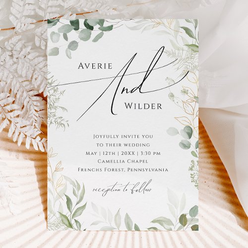 Whimsical Greenery and Gold Wreath Casual Wedding Invitation