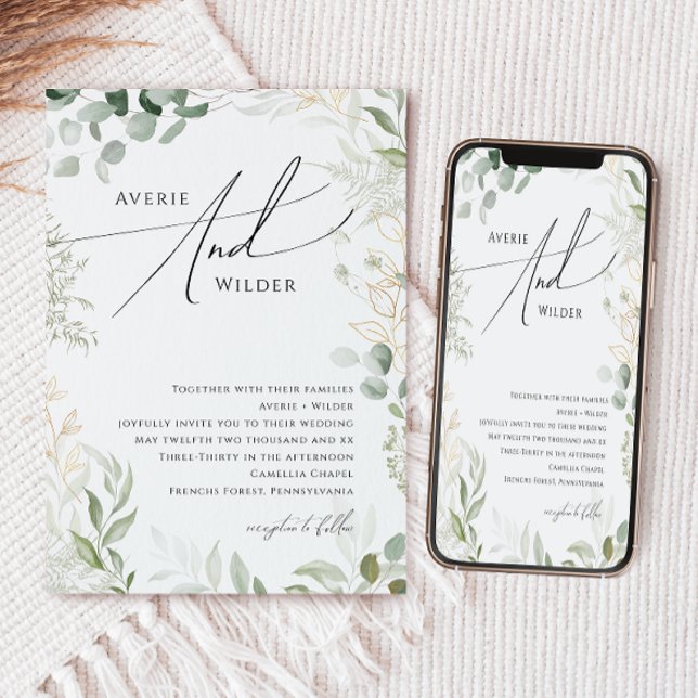 Whimsical Greenery and Gold Wreath Wedding Invitation (Creator Uploaded)