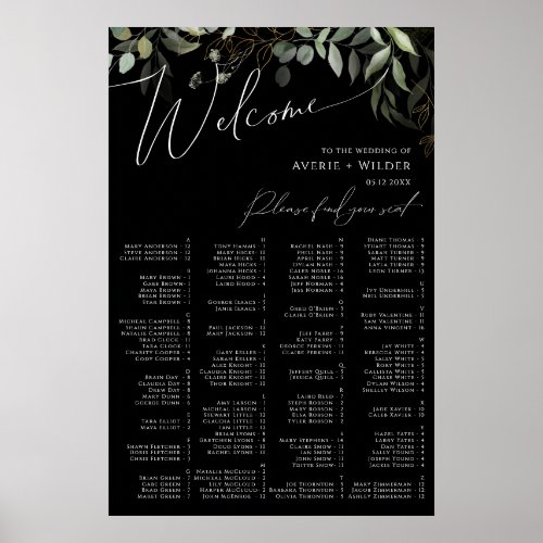 Whimsical Greenery  Black Alphabetical Seating Poster
