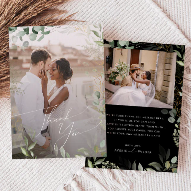 Whimsical Greenery Black and Gold Flat Faded Photo Thank You Card | Zazzle