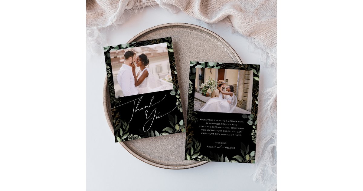 Whimsical Greenery Black and Gold Flat Photo Thank You Card | Zazzle