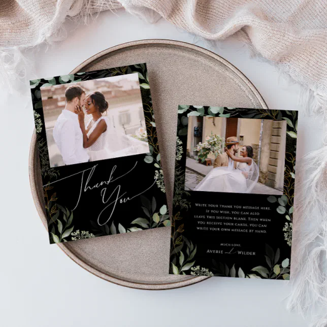 Whimsical Greenery Black and Gold Flat Photo Thank You Card | Zazzle