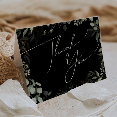 Whimsical Greenery Black and Gold Folded Thank You Card