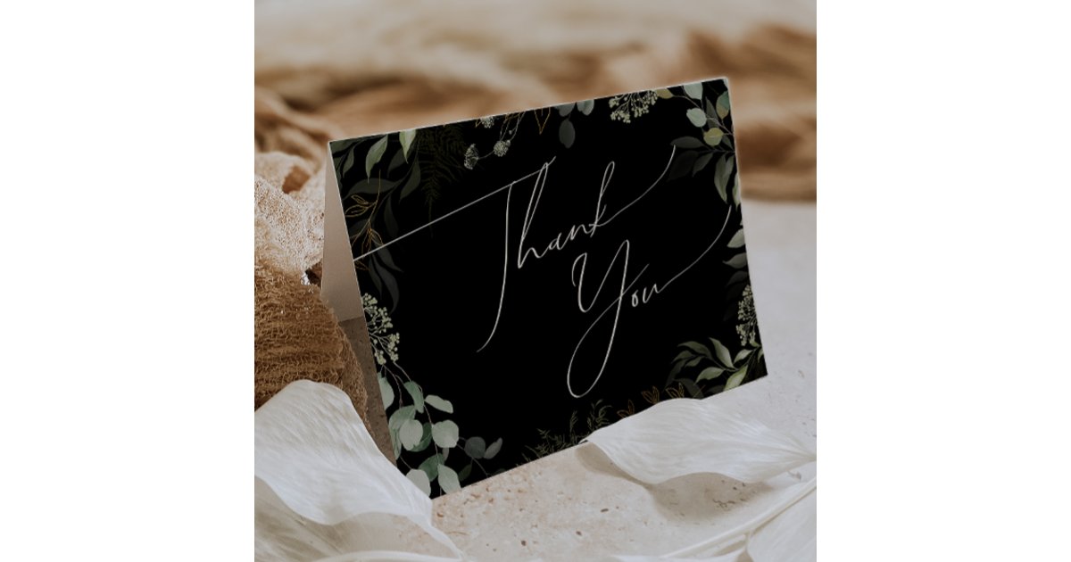 Whimsical Greenery Black and Gold Folded Thank You Card | Zazzle