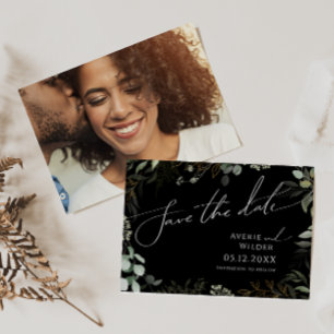 Whimsical Greenery Black and Gold Horizontal Photo Save The Date