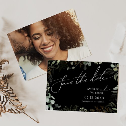 Whimsical Greenery Black and Gold Horizontal Photo Save The Date
