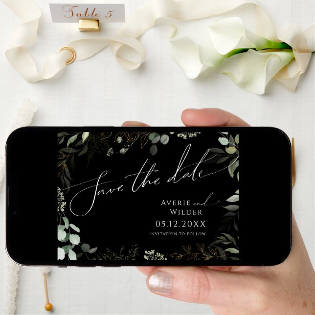 Whimsical Greenery Black and Gold Horizontal Save The Date (Front Digital)
