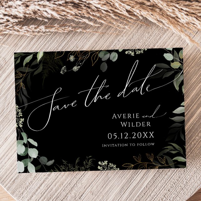 Whimsical Greenery Black and Gold Horizontal Save The Date (Creator Uploaded)