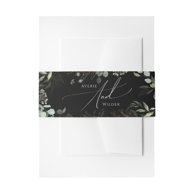 Whimsical Greenery Black and Gold Invitation Belly Band (Front Example)