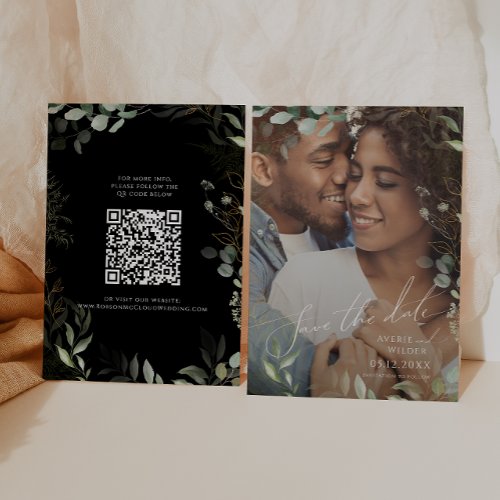Whimsical Greenery Black and Gold Photo QR Code Save The Date