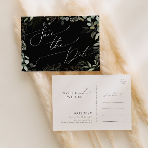 Whimsical Greenery Black and Gold Save The Date Invitation Postcard