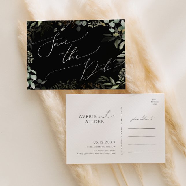 Whimsical Greenery Black and Gold Save The Date Invitation Postcard (Creator Uploaded)