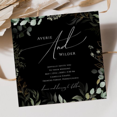 Whimsical Greenery Black and Gold Square Wedding Invitation
