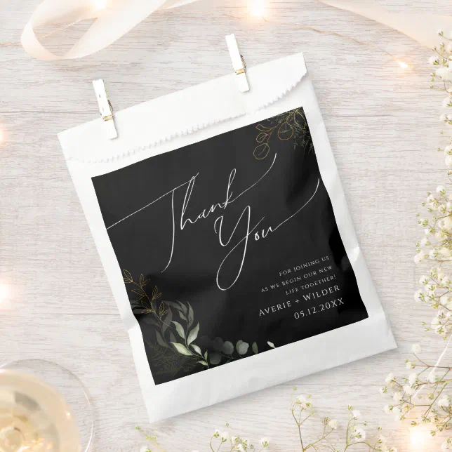 Whimsical Greenery Black and Gold | Thank You Favor Bag | Zazzle