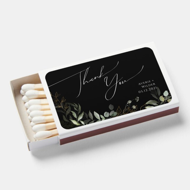 Whimsical Greenery Black and Gold | Wedding Favor Matchboxes (Front Open)